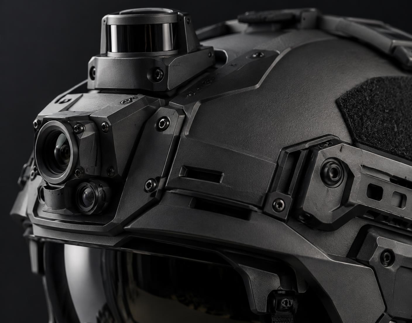 Illustrative close-up of a modular helmet's camera and sensing hardware